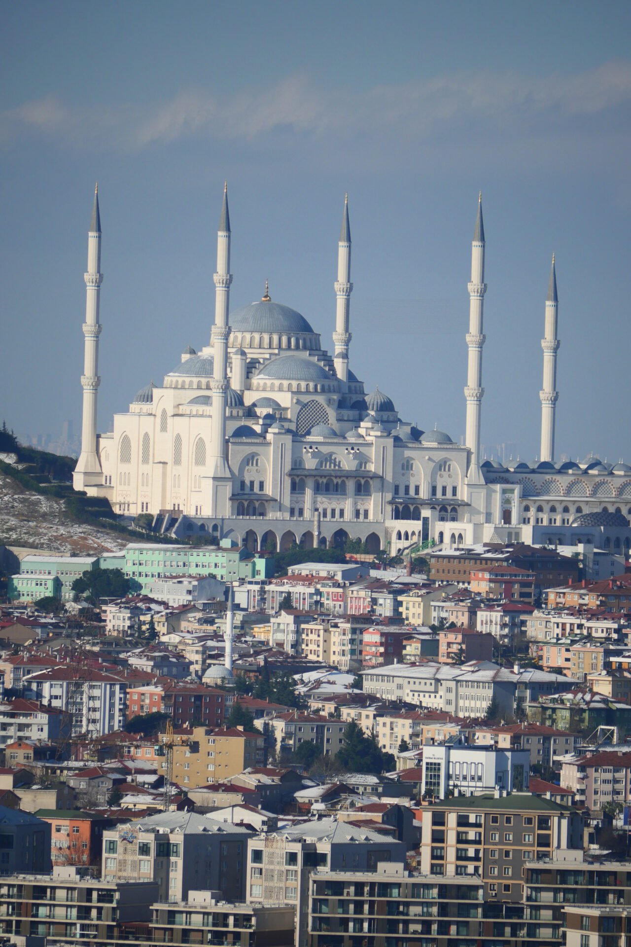 high angle view of Camlica Mosque and turkey flag